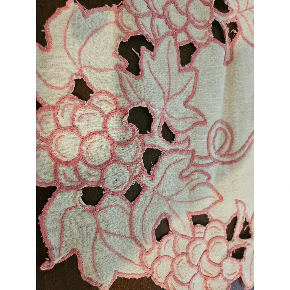 Table Runner 36in Cream Pink Grape Vine Embroidered Cutwork